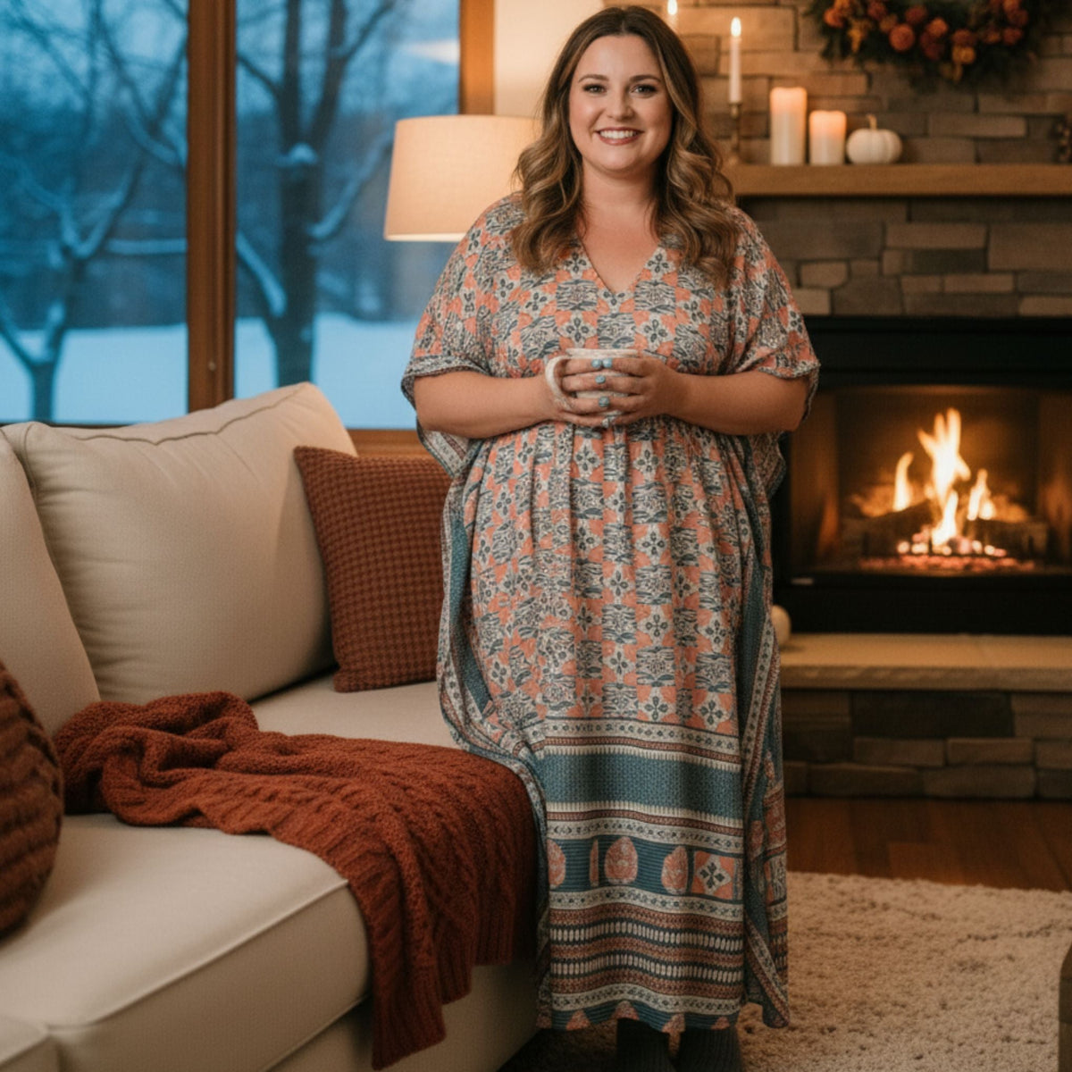 Darn Good Yarn Aanya adjustable long kaftan dress in colorful fabric, flowing design, suitable for casual or beach wear.
