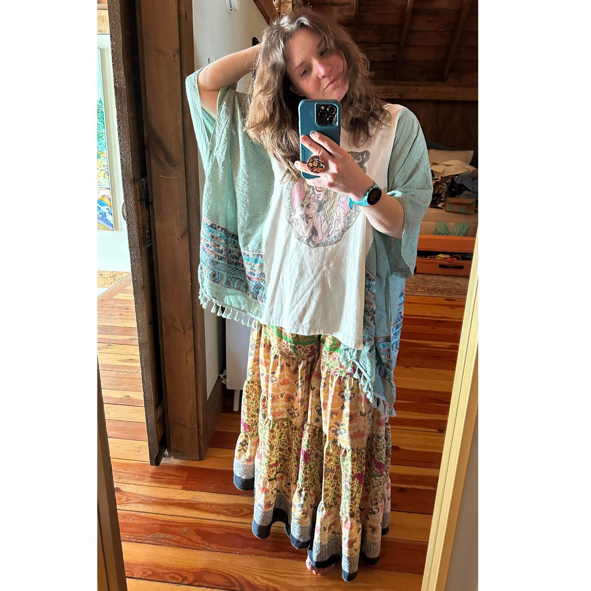 Limited edition Woodstock Dreams Fiesta Sunset skirt by Darn Good Yarn, featuring vibrant, colorful fabric with bohemian style.