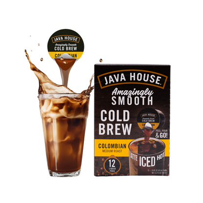 Java House Cold Brew Coffee Pods, stacked in a box, ready for brewing, showcasing the compact packaging of this coffee product.