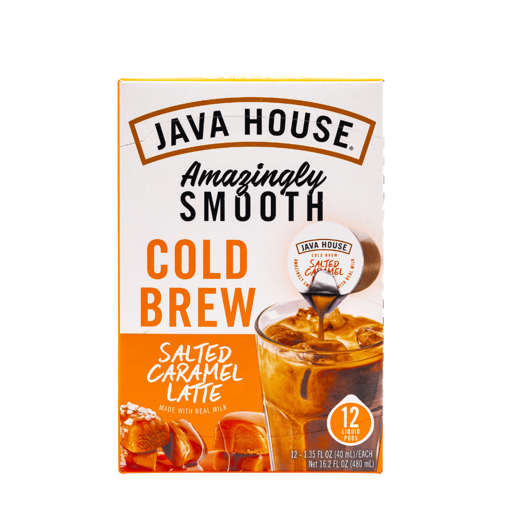 Cold brew latte with salted caramel flavor in a clear glass, topped with whipped cream and caramel drizzle, from Java House.