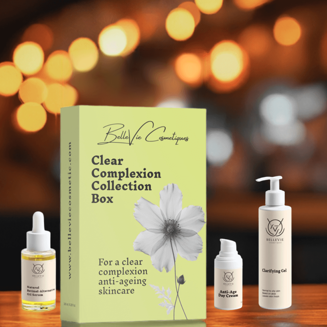 BelleVie Cosmétiques Clear Complexion Collection box featuring skincare products for clear skin and anti-aging routine.
