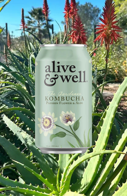 Organic Aloe & Passion Flower Kombucha by Alive & Well in a 6-pack, showing bottles with vibrant labels and fresh ingredients.