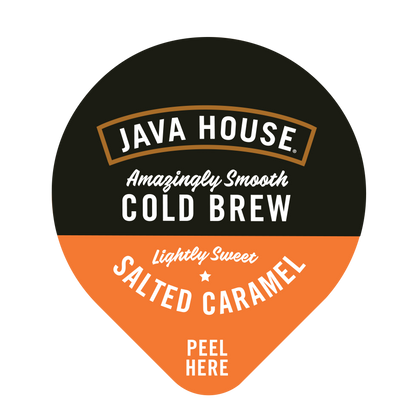 Java House Cold Brew Coffee Pods with Salted Caramel flavor, lightly sweetened, showcasing the coffee pods on a neutral background.
