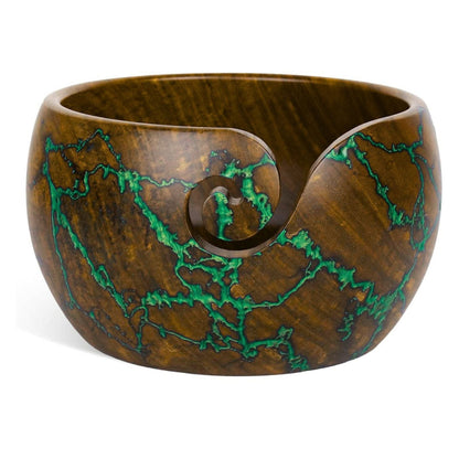Handcrafted rosewood yarn bowl with resin accents from Darn Good Yarn, showcasing a smooth, polished surface and decorative design.