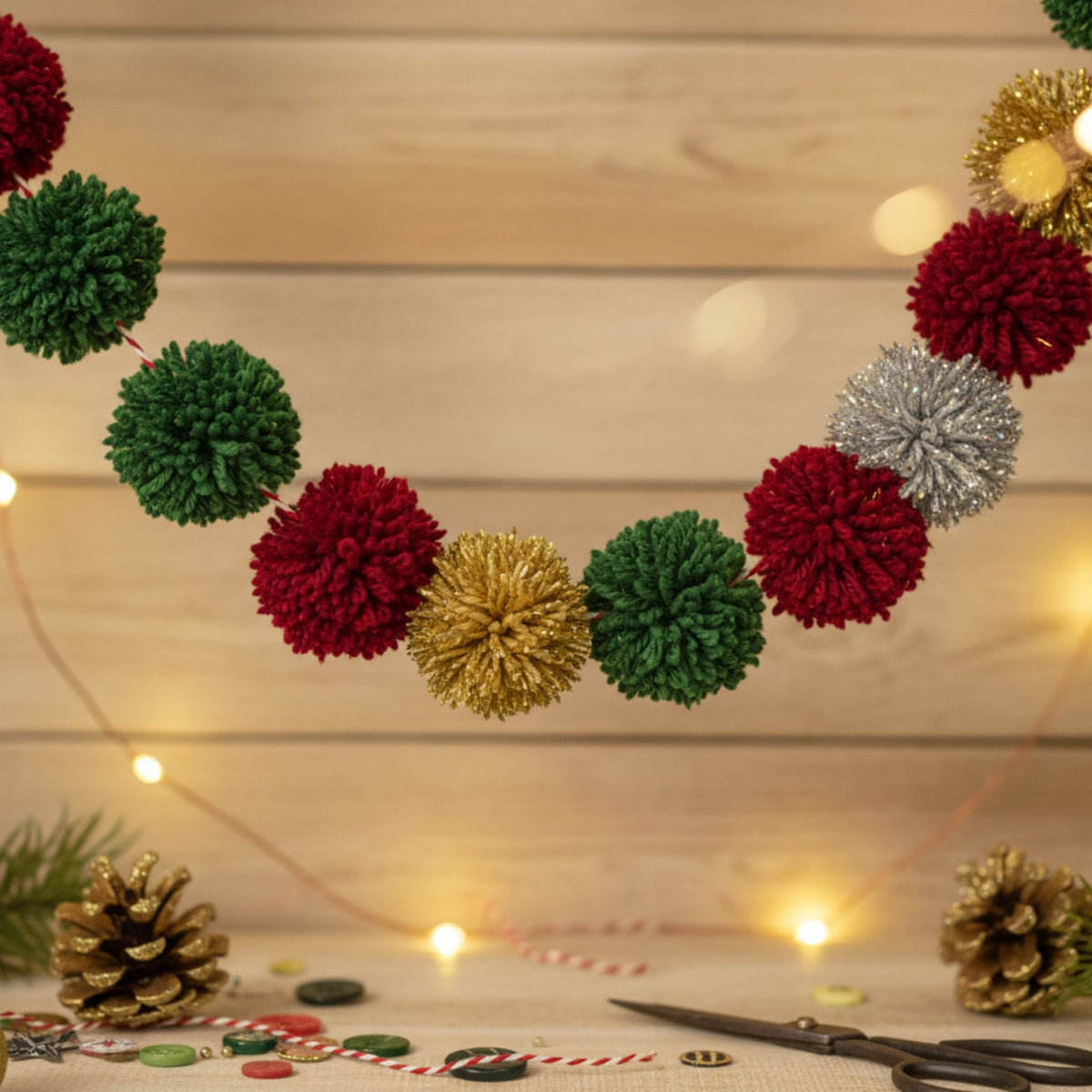 Colorful no-knit pom pom garland by Darn Good Yarn, featuring soft yarn pom poms for DIY holiday decorating.