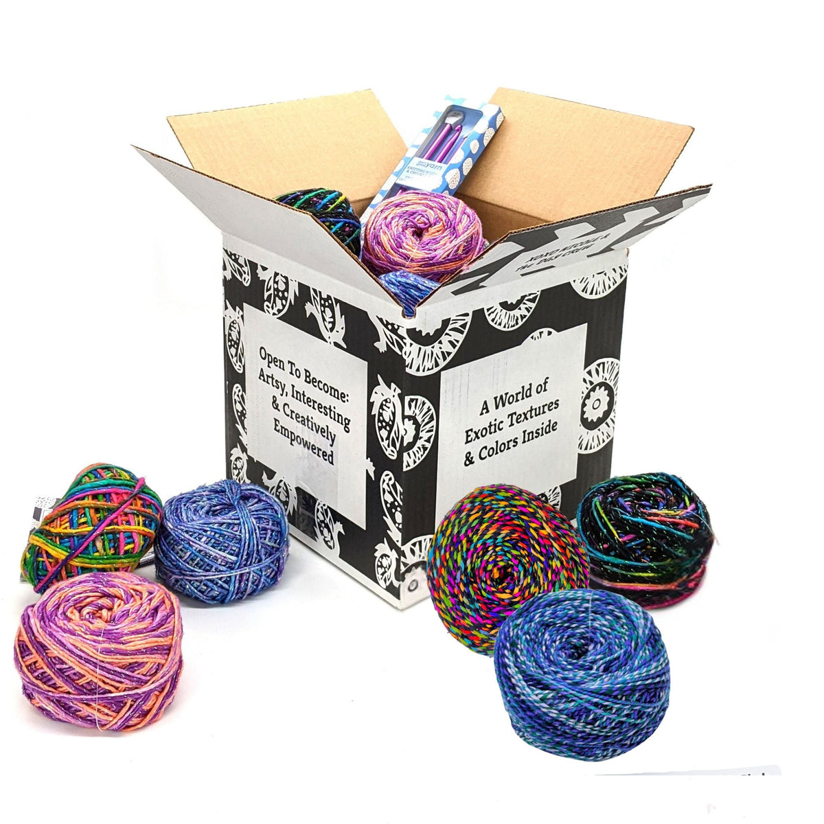 Reclaimed silk starter stash bundle from Darn Good Yarn, showing colorful, eco-friendly silk yarn bundles on a white background.