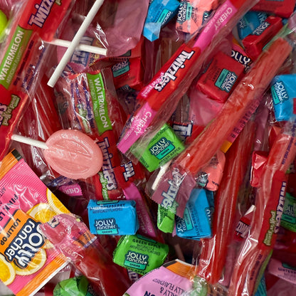 Assorted Candy In Bulk Sweet Mix of Twizzlers, Jolly Rancher Chews, and Lollipops, colorful and individually wrapped candy pieces.