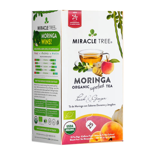 Organic Moringa Tea by Miracle Tree featuring peach and ginger, caffeine-free herbal tea with vibrant tea leaves and fresh fruit slices.