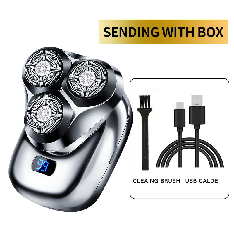 Gray NNEDSZ TS-099 rechargeable electric rotary shaver for men with LED display, USB charging, and cleaning brush. Compact design.