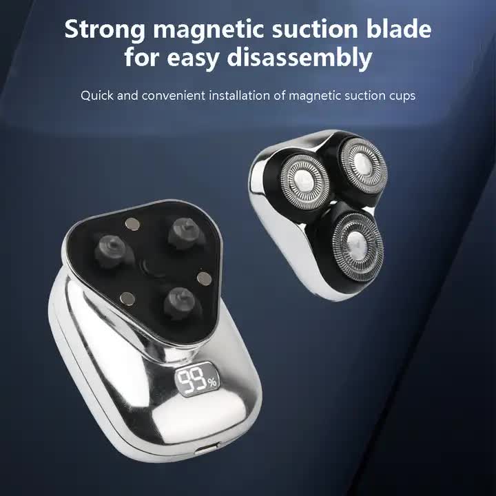Gray NNEDSZ TS-099 rechargeable electric rotary shaver for men with LED display, USB charging, and cleaning brush. Compact and portable.