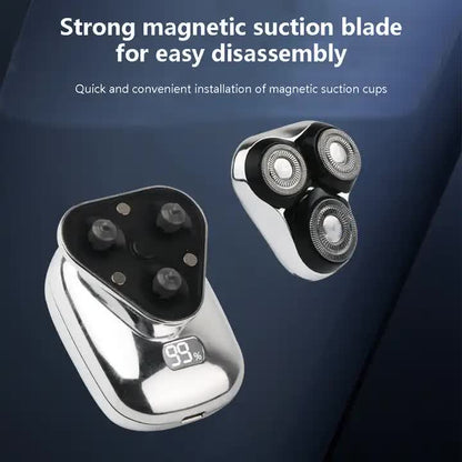 Gray NNEDSZ TS-099 rechargeable electric rotary shaver for men with LED display, USB charging, and cleaning brush. Compact and portable.