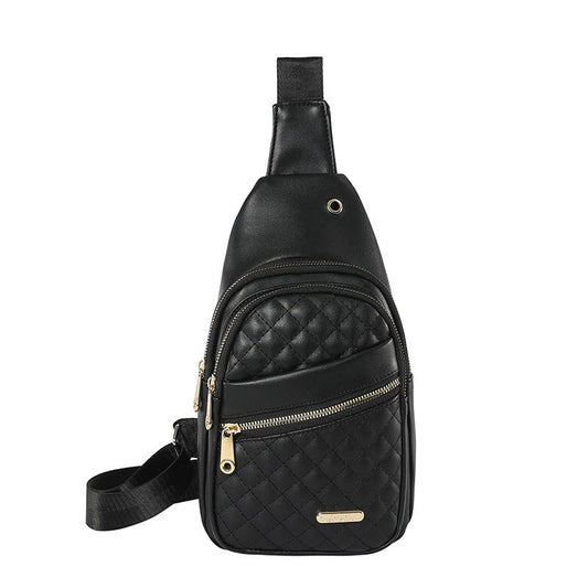 Black NNEDSZ women's quilted sling bag with adjustable crossbody strap, stylish shoulder backpack for everyday use.