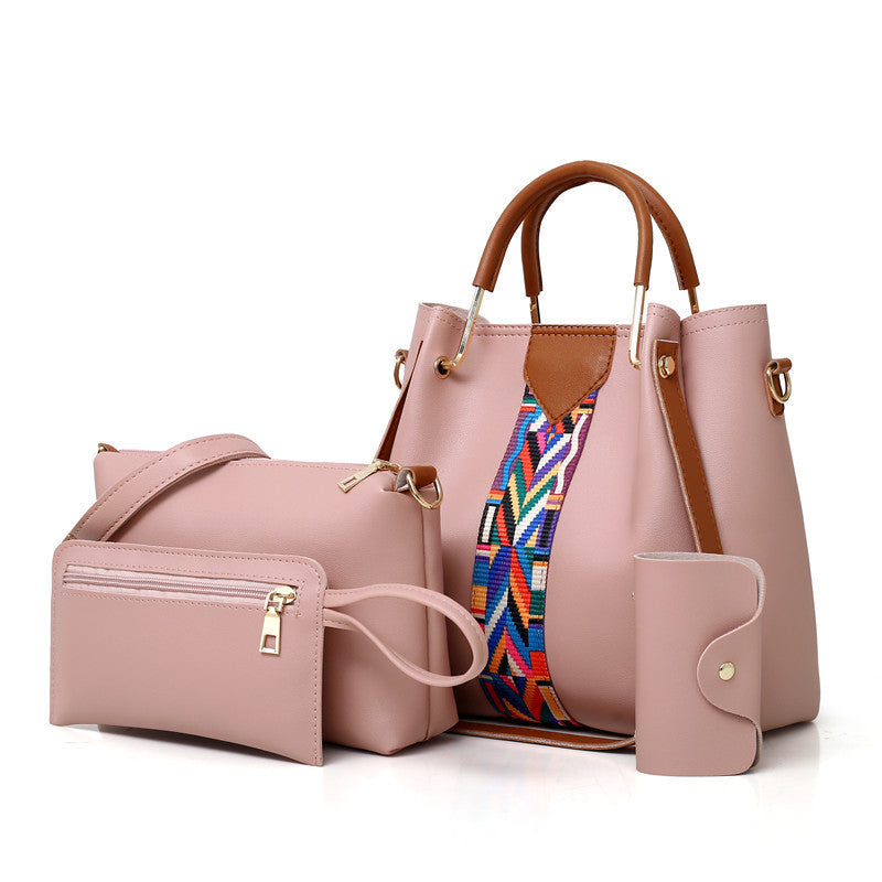 NNEDSZ pink women's handbag set includes a tote, shoulder bag, clutch, and wallet made of stylish PU leather for various occasions.