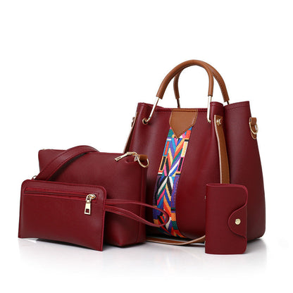 NNEDSZ red four-piece women's handbag set with tote, shoulder bag, clutch, and wallet in stylish PU leather.