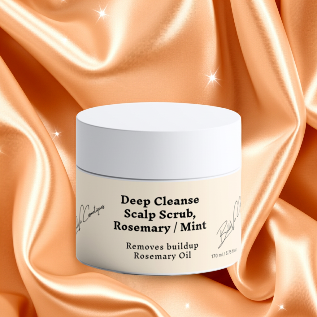 Deep Cleanse Scalp Scrub by Belleviecosmetic with rosemary and mint, exfoliates, refreshes, and revitalizes hair and scalp.