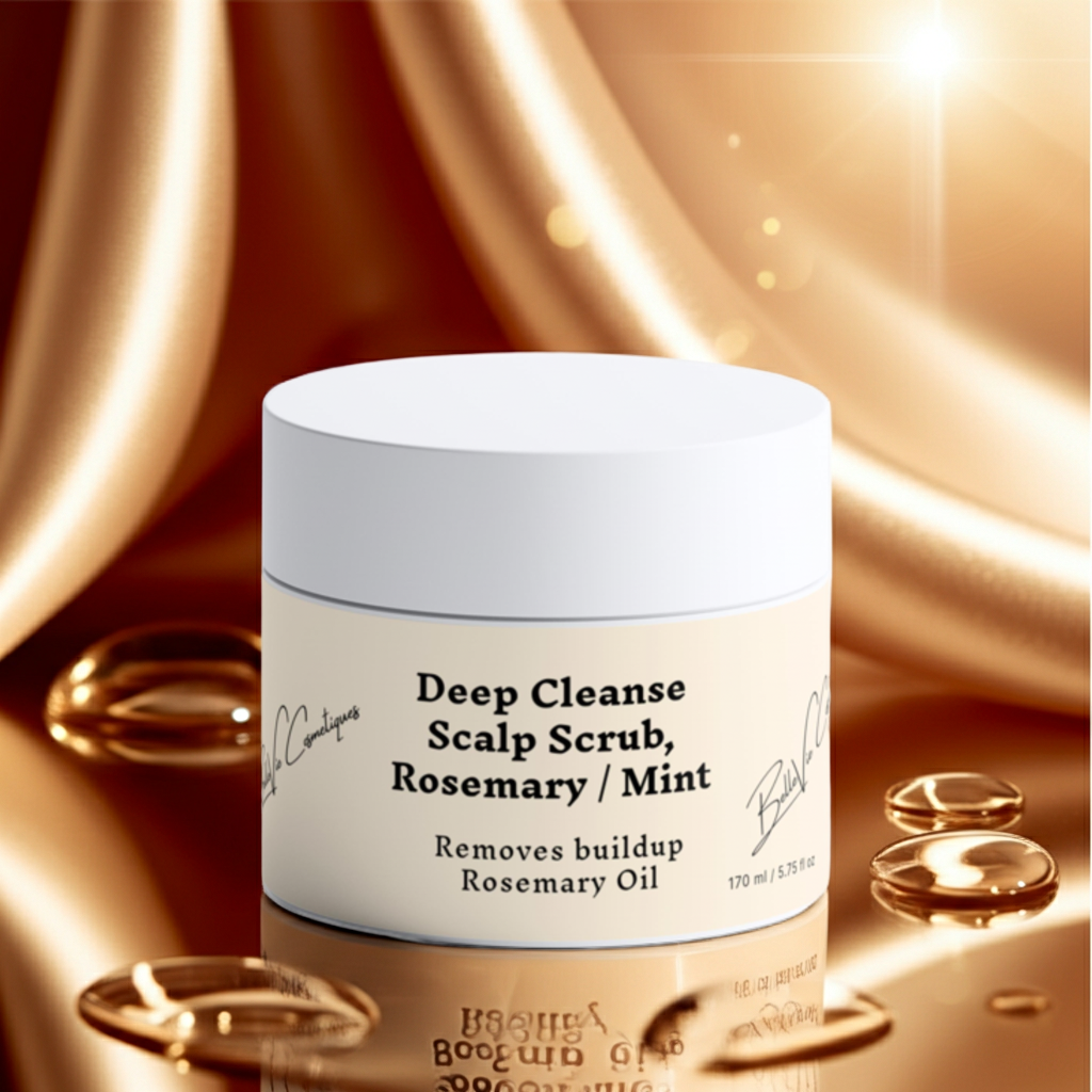 Belleviecosmetic Deep Cleanse Scalp Scrub with rosemary and mint, 170ml, exfoliates, refreshes, and revitalizes scalp and hair.