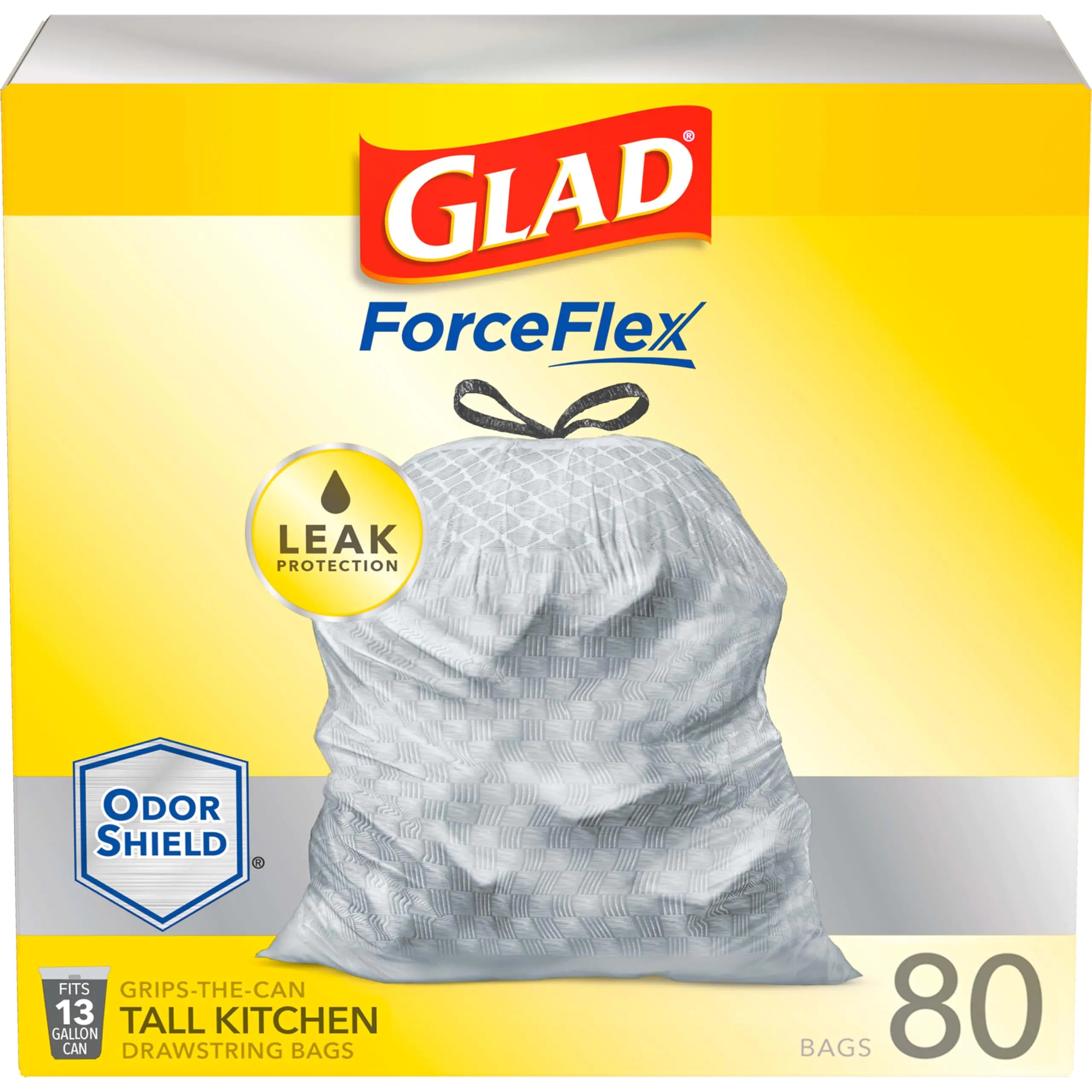 Glad Trash Bags ForceFlex Tall Kitchen Drawstring Garbage Bags 13 Gal OdorShield 80 Ct