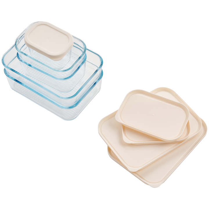 Six Dura Living glass food storage containers with lids in vanilla mist, each holding 10.5 ounces, for airtight kitchen organization.
