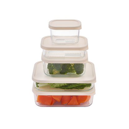 Six Dura Living glass food storage containers with airtight lids in vanilla mist color, each holding 10.5oz.
