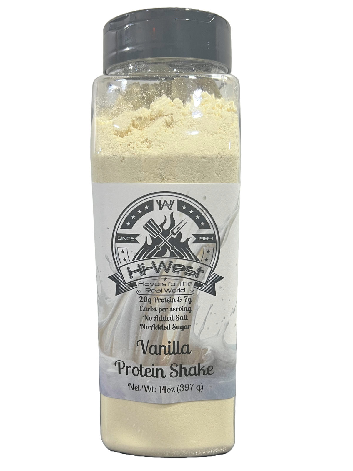 Vanilla protein shake by Hi-West Foods, Inc. in a clear glass with a creamy vanilla color and a straw, ready to drink.