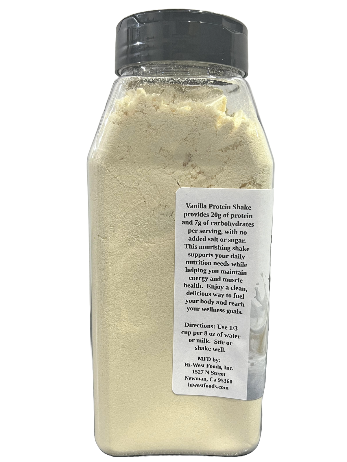 Creamy vanilla protein shake from Hi-West Foods, Inc. in a clear glass, topped with a swirl of whipped cream and vanilla bean seeds.
