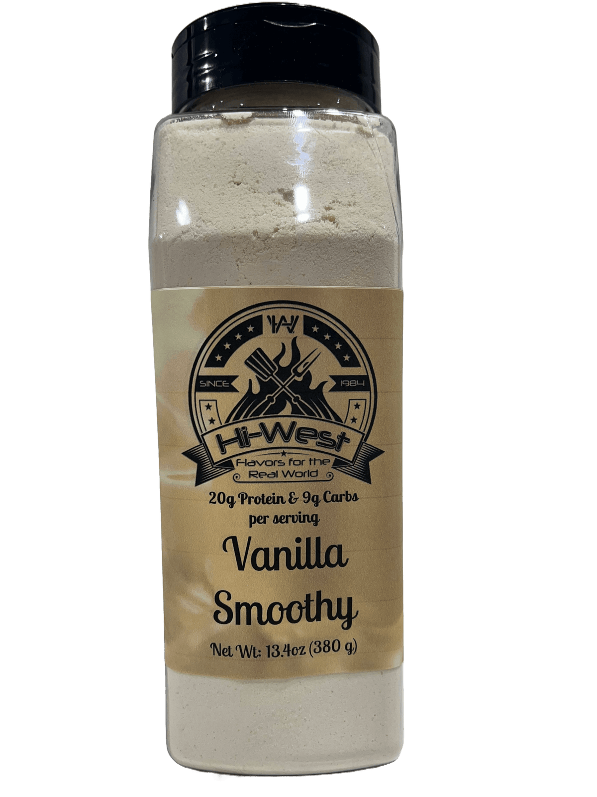 Creamy vanilla protein shake in a glass with a straw, made by Hi-West Foods Inc.