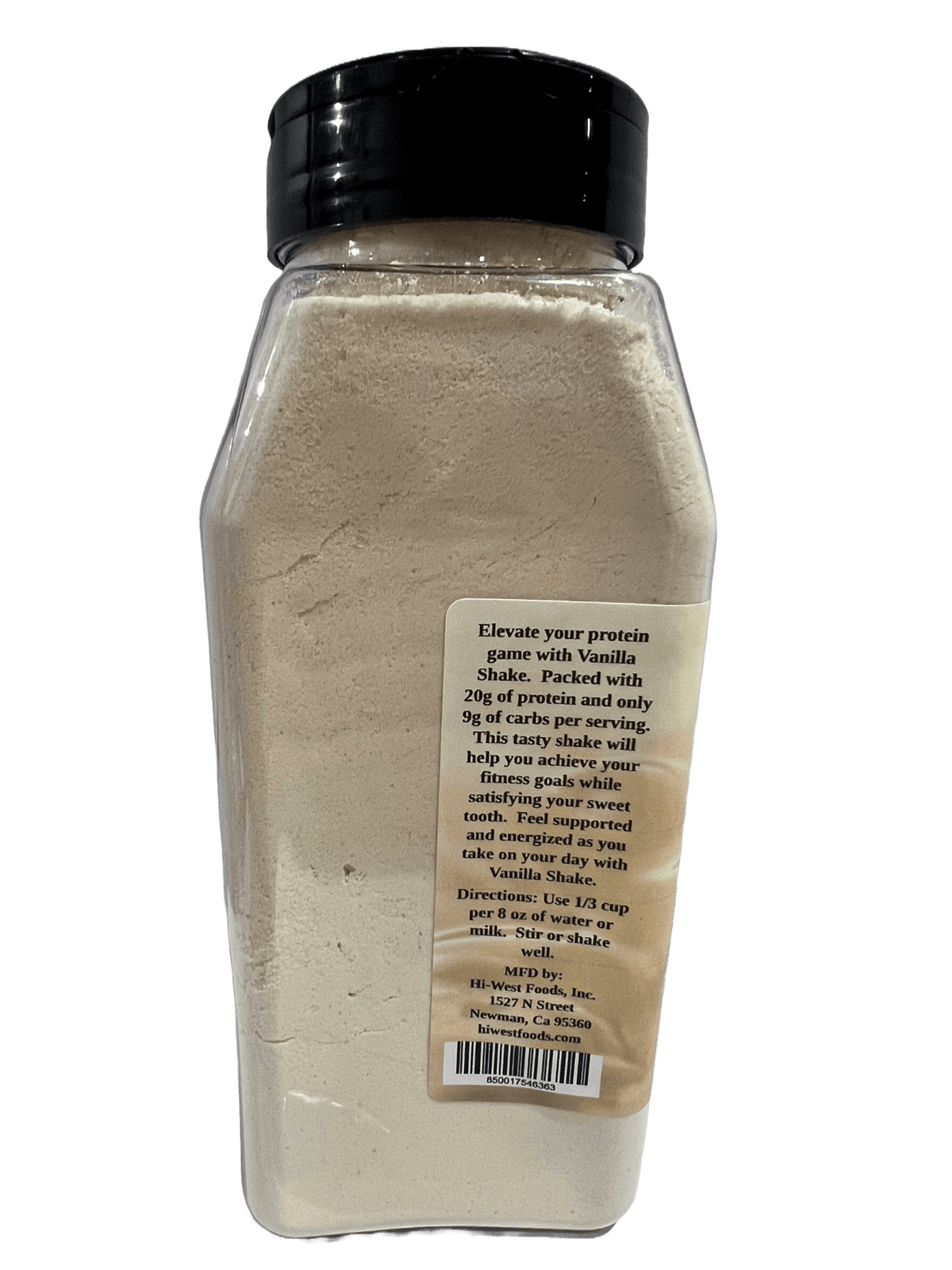 Creamy vanilla protein shake by Hi-West Foods, Inc. in a clear glass, showcasing its smooth texture and rich flavor.