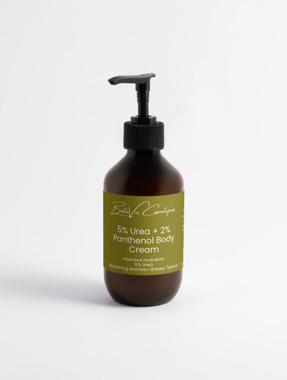 Belleviecosmetic 5% Urea and 2% Panthenol body cream for intensive hydration and skin barrier repair, 280ml bottle.