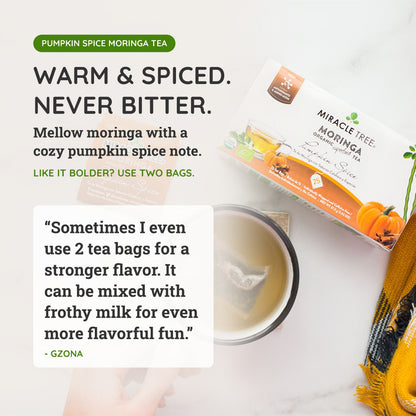 Organic Moringa Pumpkin Spice herbal tea by Miracle Tree, featuring dried moringa leaves and pumpkin spice flavor in a tea bag.