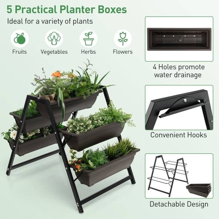BackupMyFilesNow® 3-tier patio raised garden bed planter boxes for herbs, flowers, and vegetables, shown with plants in a sunny outdoor setting.