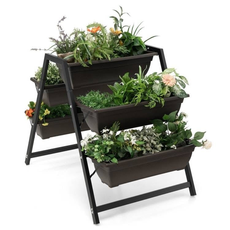 3-tier patio raised garden bed planter boxes for herbs, flowers, and vegetables by BACKUPMYFILESNOW® with vibrant plants.
