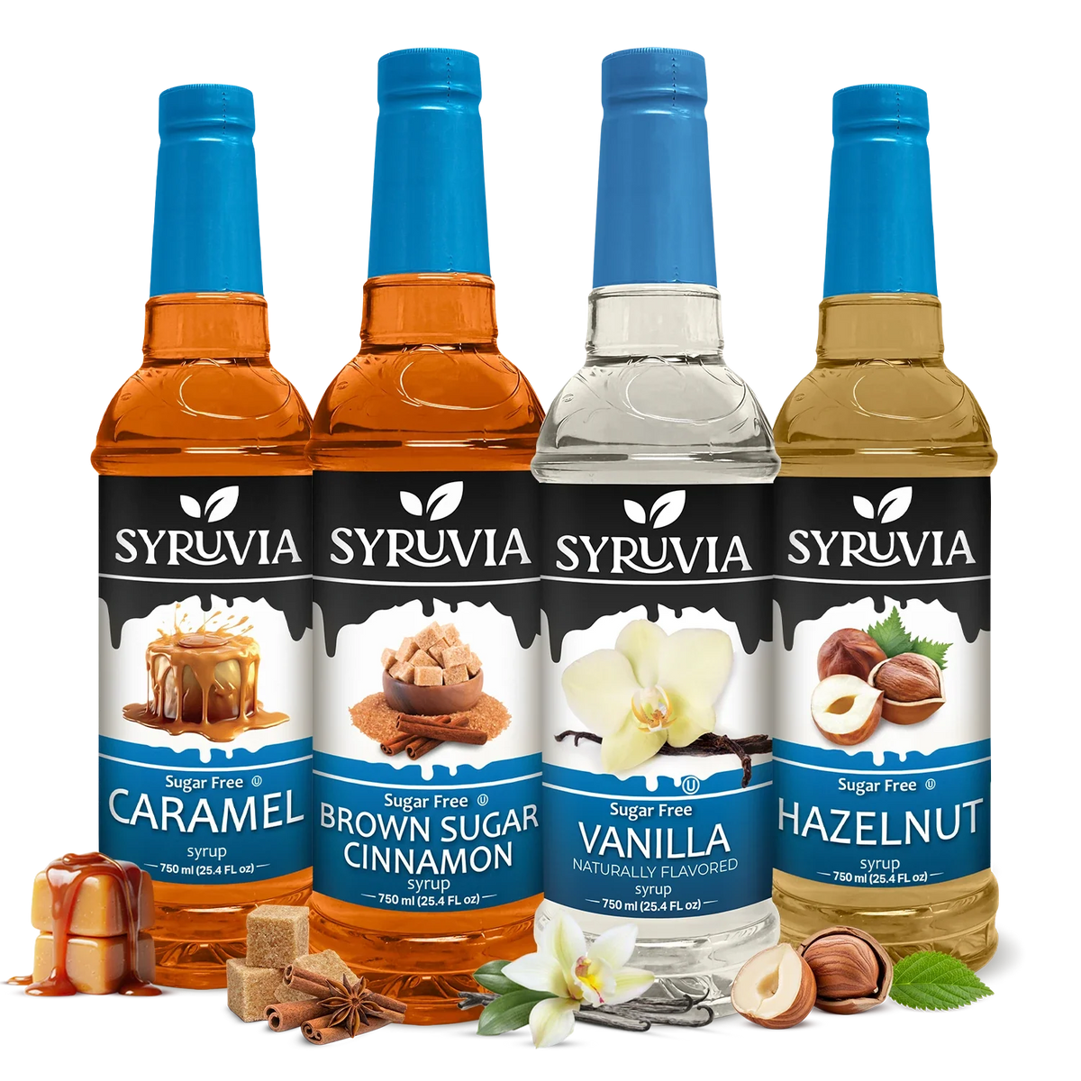 SYRUVIA Sugar Free Coffeehouse Set featuring vanilla, caramel, hazelnut, and brown sugar cinnamon flavor syrups in glass bottles.