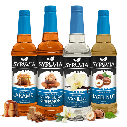 SYRUVIA Sugar Free Coffeehouse Set featuring vanilla, caramel, hazelnut, and brown sugar cinnamon flavor syrups in glass bottles.