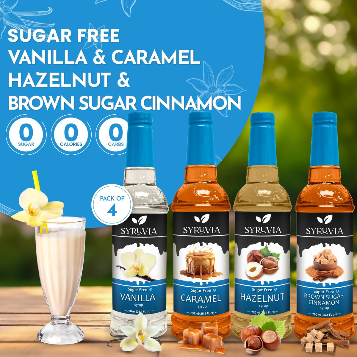 Set of four SYRUVIA sugar-free coffeehouse syrups featuring vanilla caramel, hazelnut, and brown sugar cinnamon flavors.