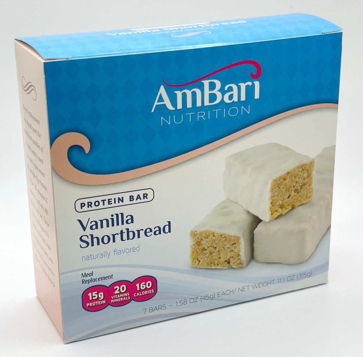 AmBari Nutrition vanilla shortbread bars with golden-brown crust and creamy vanilla filling, displayed on a white plate.
