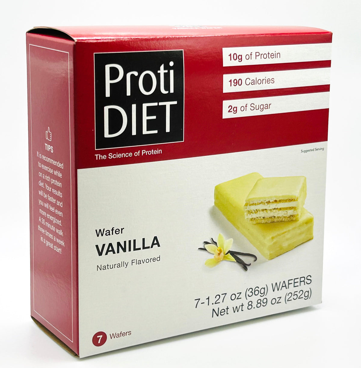AmBari Nutrition PROTIDIET vanilla wafer bar with crispy wafer layers and creamy vanilla filling.