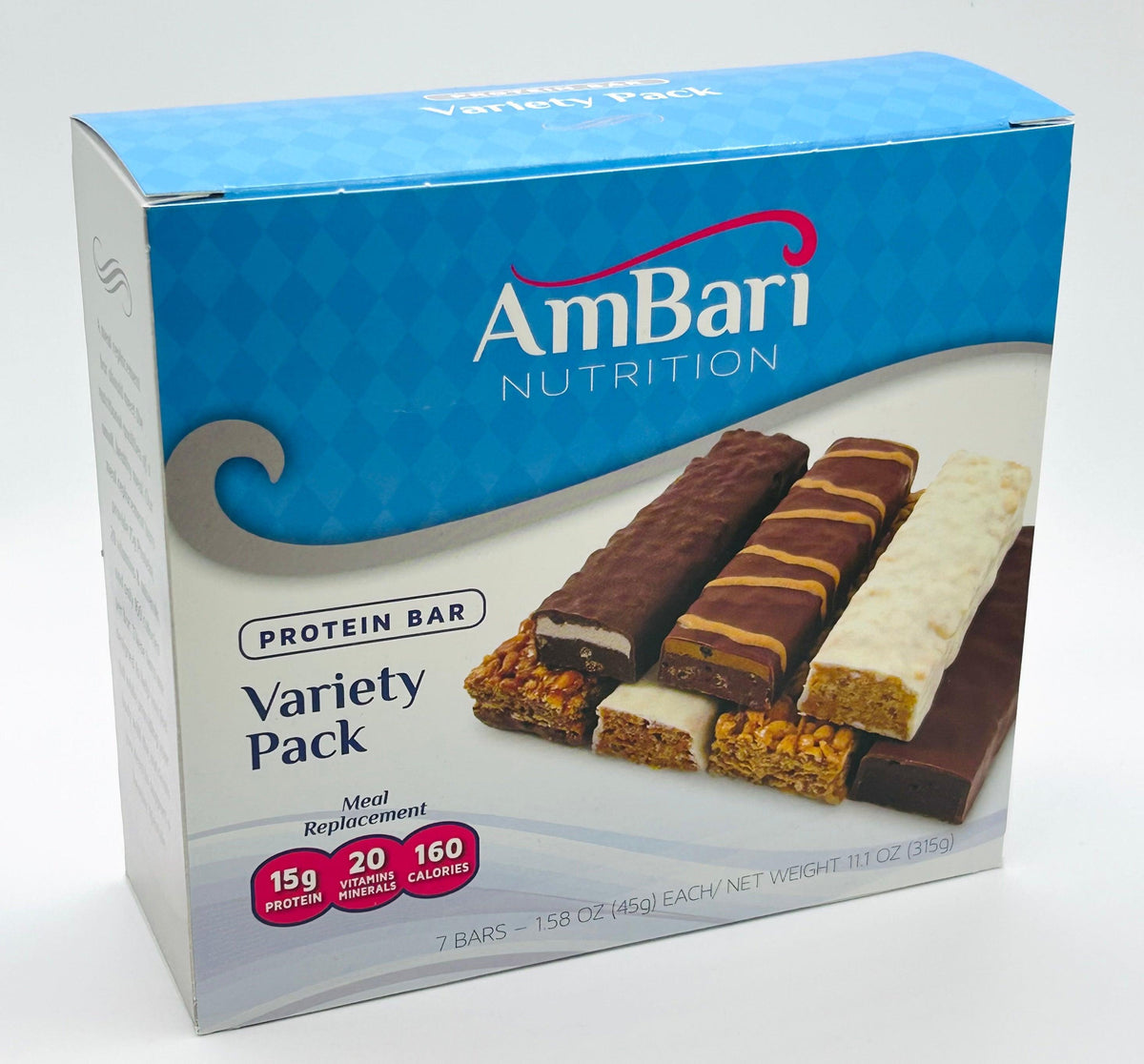 Assorted AmBari Nutrition 15g protein bars in a variety pack with various flavors, displayed in a neat arrangement.
