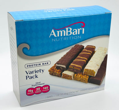 Assorted AmBari Nutrition 15g protein bars in a variety pack with various flavors, displayed in a neat arrangement.