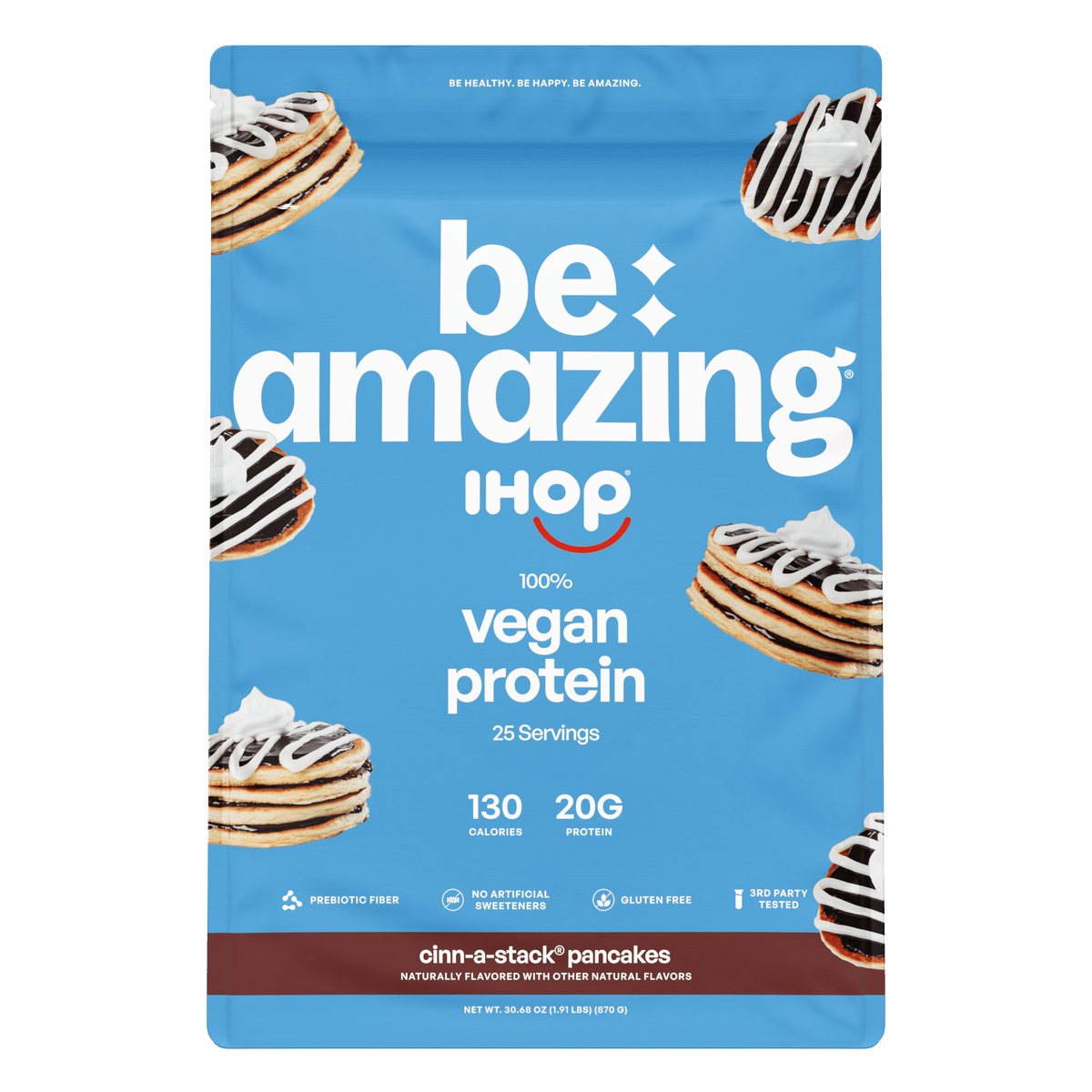 Be Amazing vegan protein powder in cinnamon flavor, shown in a resealable bag with the product branding visible.