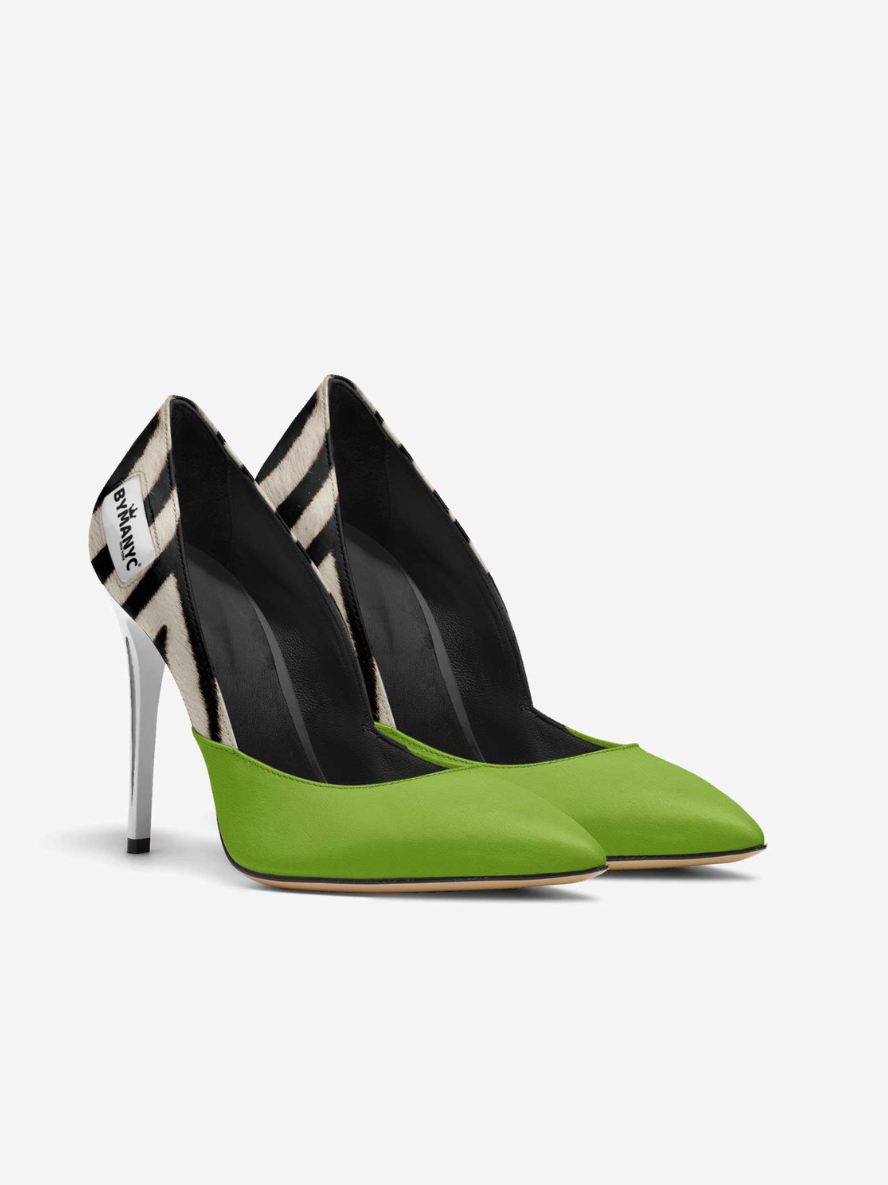 Vegan women's stiletto shoe by BYMANYC New York in green, featuring a sleek design and eco-friendly materials.