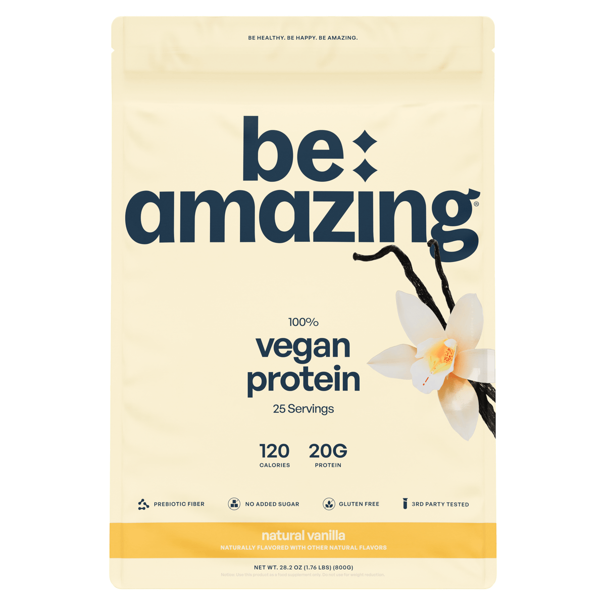 Vegan protein powder in natural vanilla flavor from Be Amazing, showing a scoop of the plant-based protein supplement.