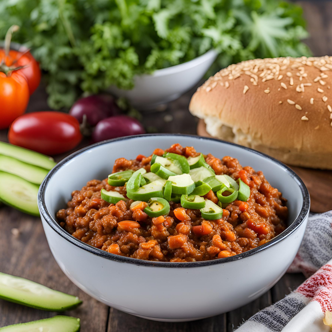 Vegetarian Sloppy Joe by AmBari Nutrition featuring a hearty veggie-filled sandwich in a bun on a plate.