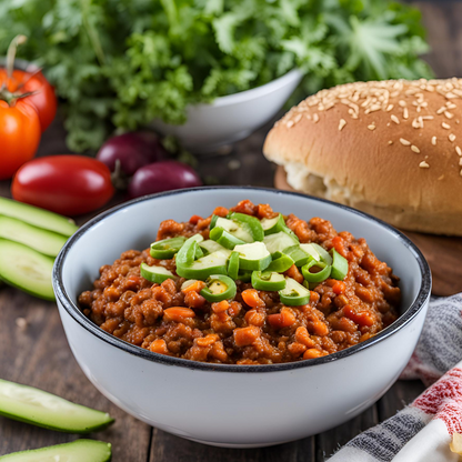 Vegetarian Sloppy Joe by AmBari Nutrition featuring a hearty veggie-filled sandwich in a bun on a plate.