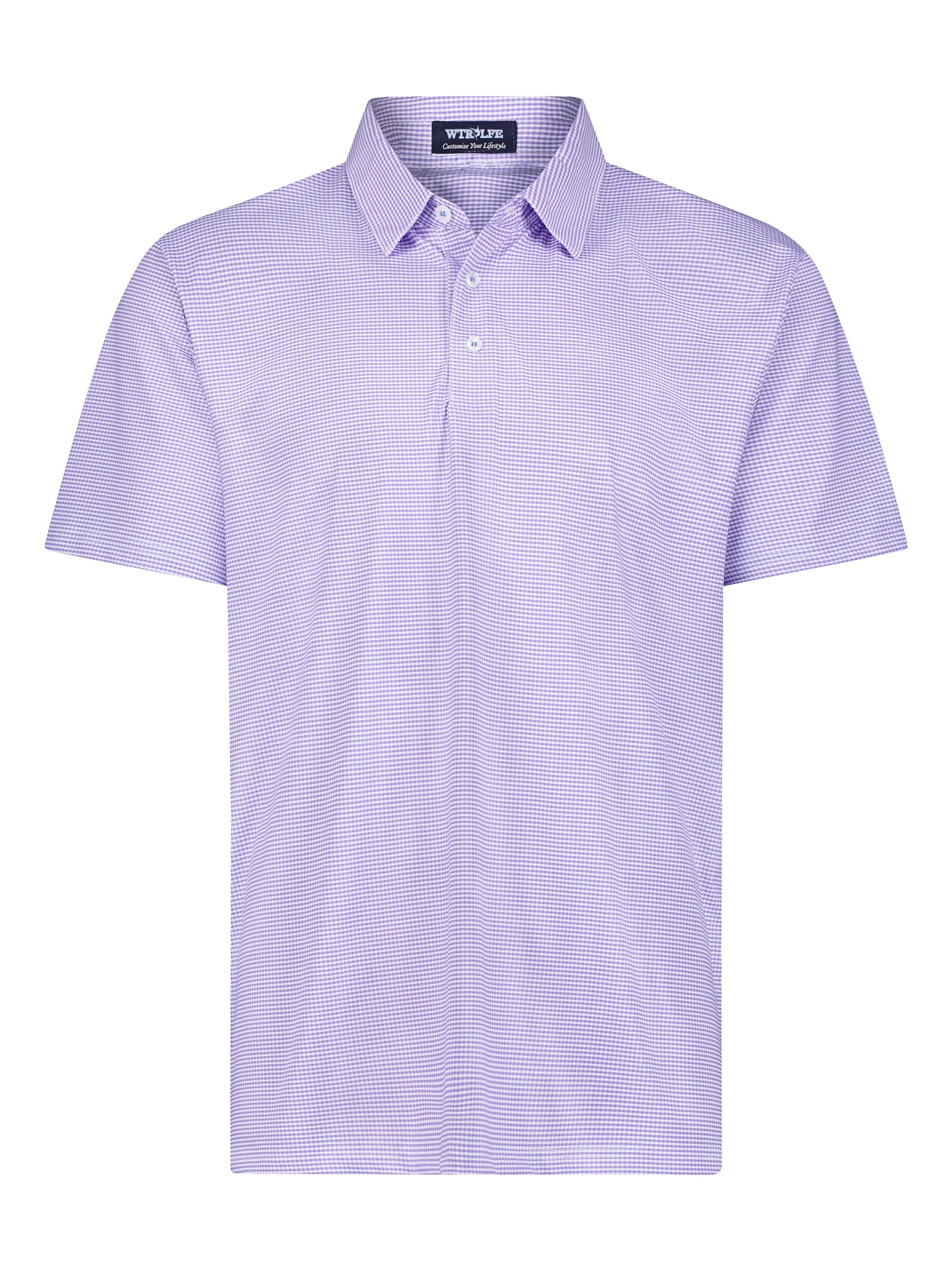 Lavender Vineyard Polo shirt by White Water Life displayed on a hanger, showcasing its casual polo style and soft fabric.