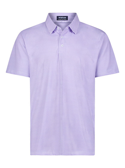 Lavender Vineyard Polo shirt by White Water Life displayed on a hanger, showcasing its casual polo style and soft fabric.