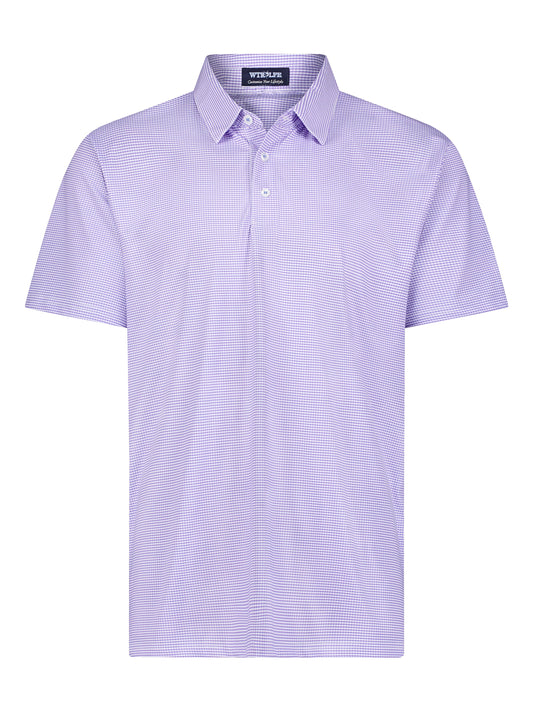 Lavender Vineyard Polo shirt by White Water Life displayed on a hanger, showcasing its casual polo style and soft fabric.