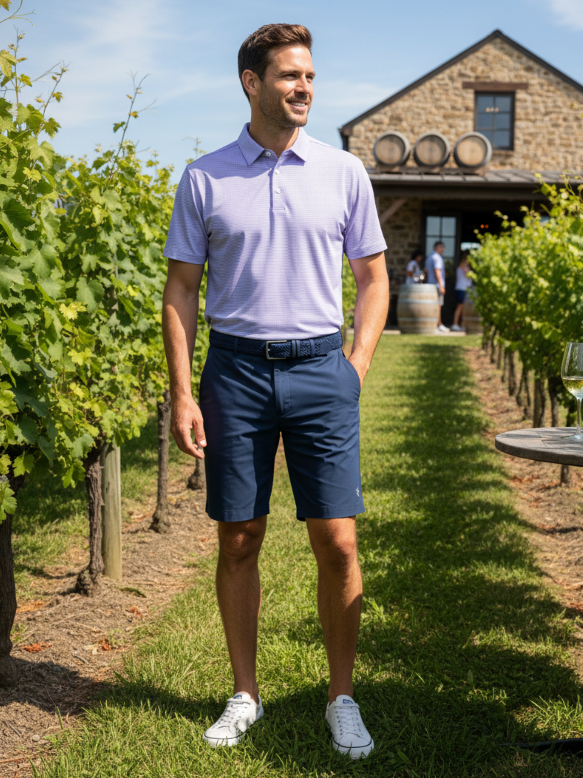 White Water Life Vineyard Lavender Polo shirt, men's casual short-sleeve polo with lavender color and classic fit.