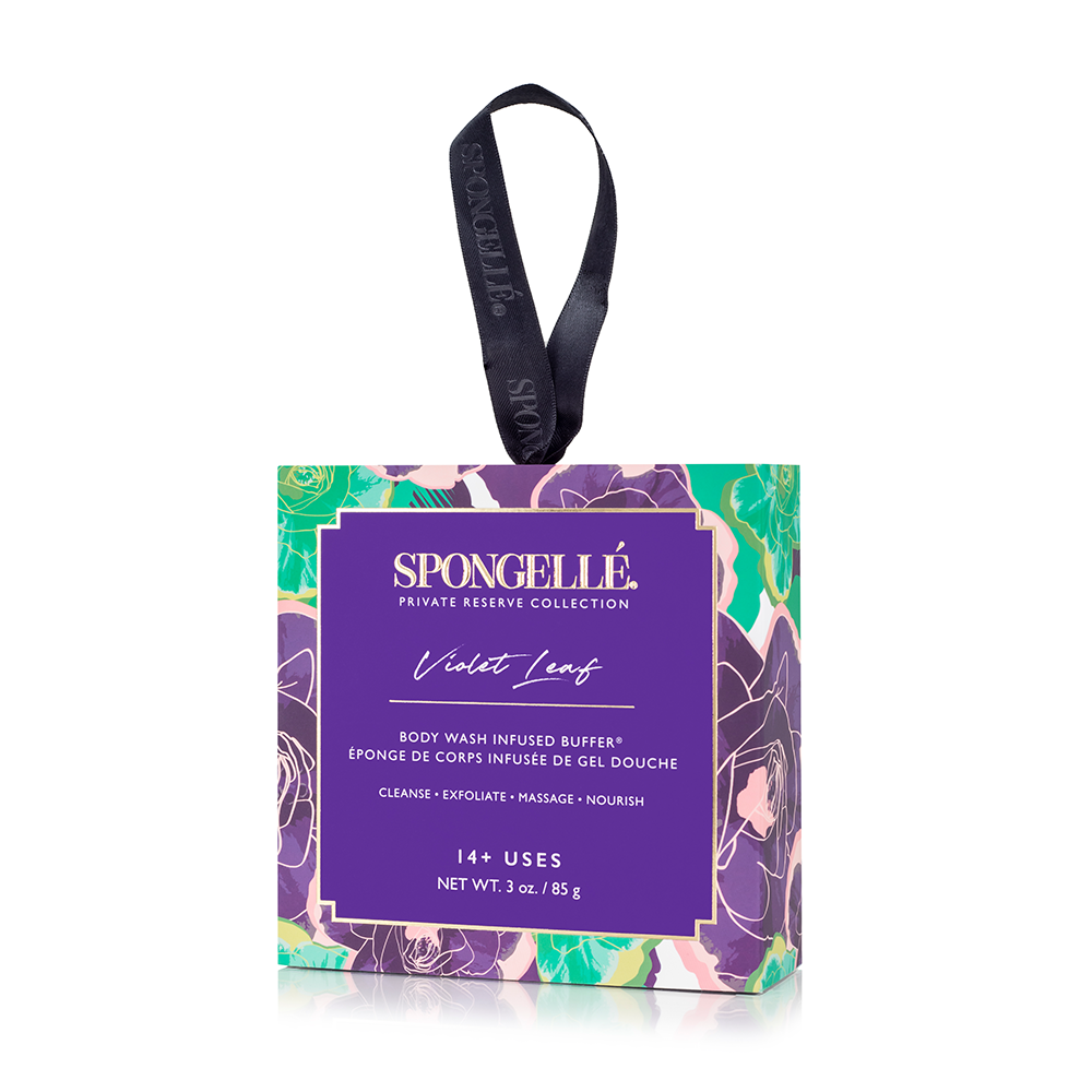 Spongellé Violet Leaf body wash infused buffer in a boxed floral design, perfect for exfoliating and hydrating the skin.