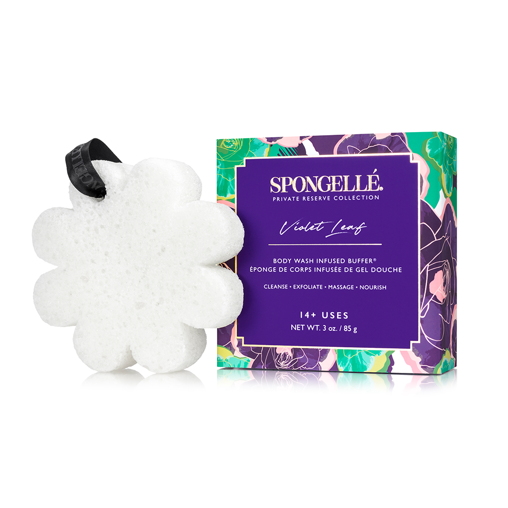 Spongellé Violet Leaf body wash infused buffer with violet leaf design and attached sponge for exfoliating skincare.