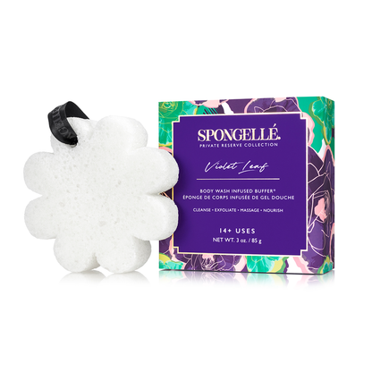 Spongellé Violet Leaf body wash infused buffer with violet leaf design and attached sponge for exfoliating skincare.